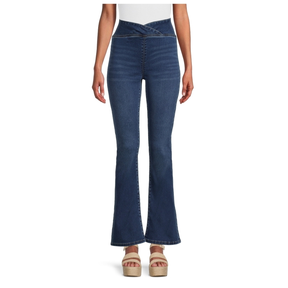 Juniors Crossover Pull On Flare Jeggings Stretch High Rise Jeans Dark Wash Denim
